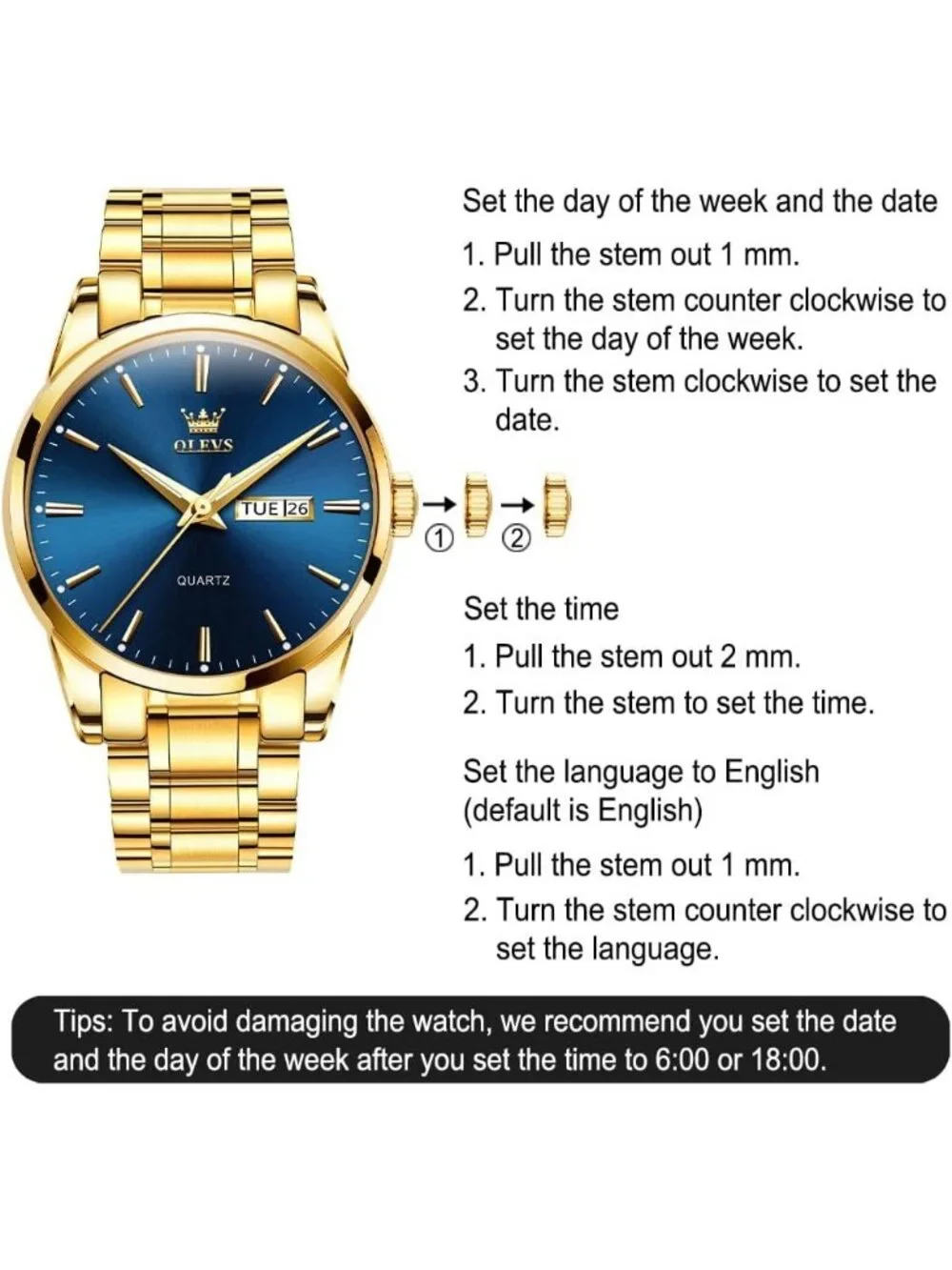 Men's Gold Blue Stainless Steel Analog Quartz Classic Waterproof Round Watch